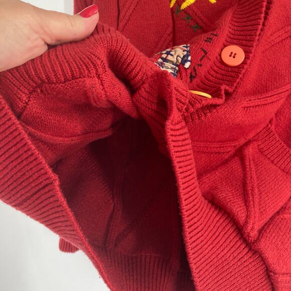 Embroidered Cable Knit Red Patchwork Chunky Cardigan 90s Sporty Grandpa Large - Picture 11 of 15